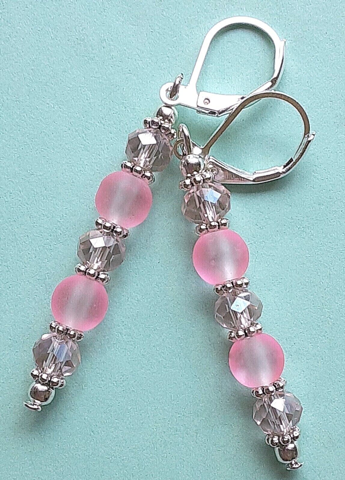 FACETED & FROSTED white and pink drop earring SP LEVERBACK hook HANDCRAFTED