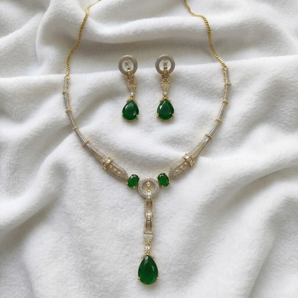 Emerald Green Crystal Pendant Necklace Earrings Set Gold Plated Bridal Jewelry