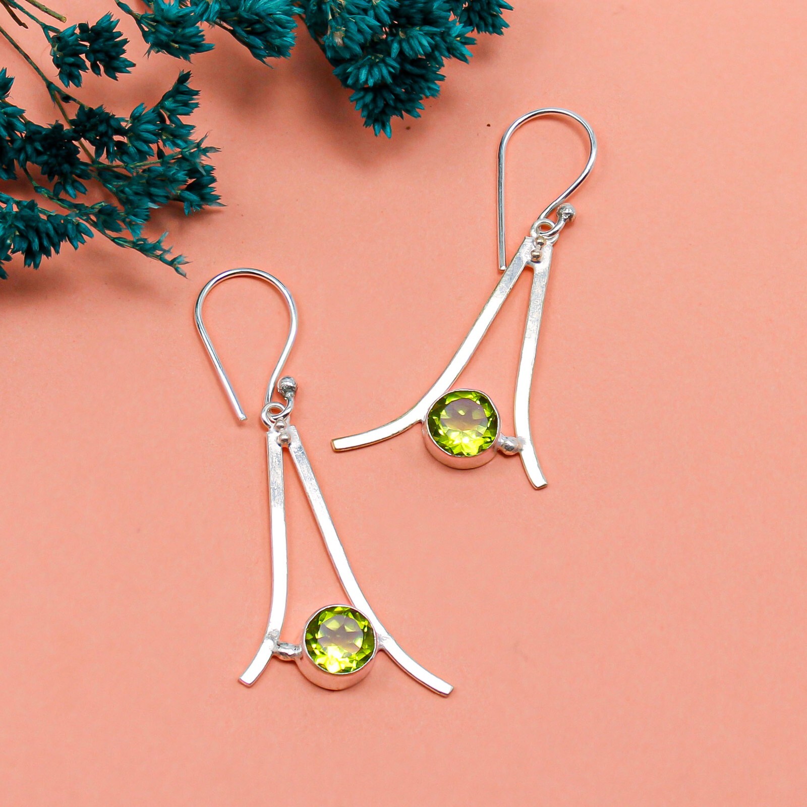 Peridot Gemstone Earrings 925 Silver Handcrafted Unique Jewelry Birthday Gift