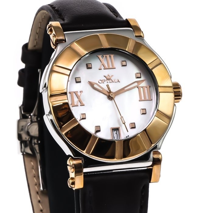 SWISS MADE WATCH OPTIMA LADIES STEEL & GOLD GENUINE LEATHER BRAND NEW