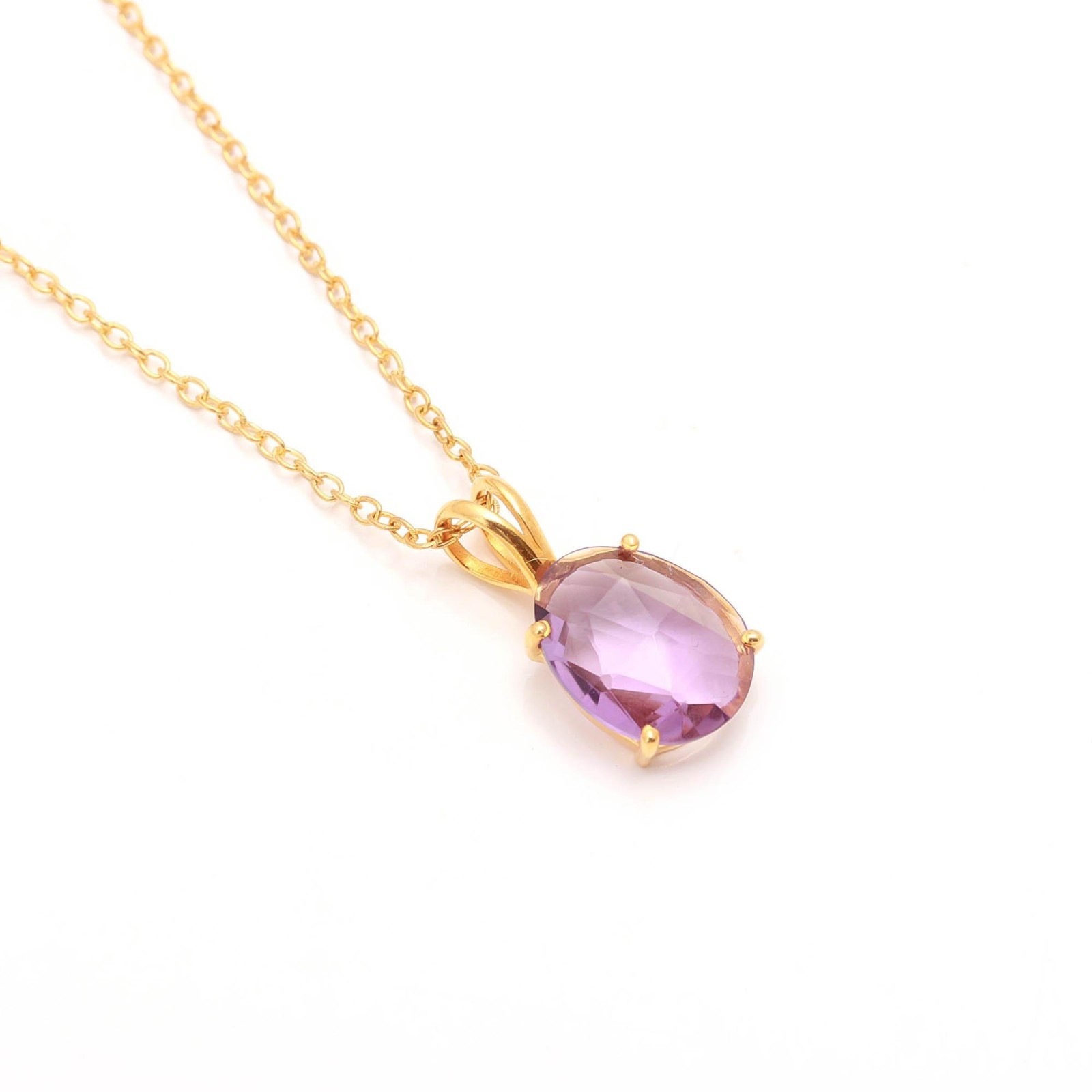 Natural Pink Amethyst Oval Chain Pendant Gold Plated 925 Sterling Silver Jewelry