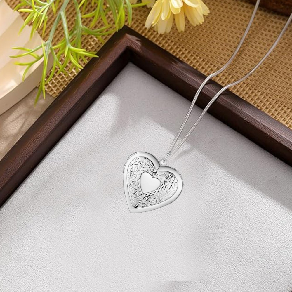 925 Sterling Silver Plated Heart Necklace, Locket Photo Picture Pendant 18″ N1