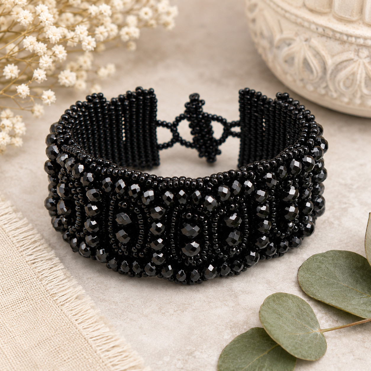 Black Crystal Seed Bead Woven Cuff Bracelet 6.5 In Toggle Clasp Boho Statement