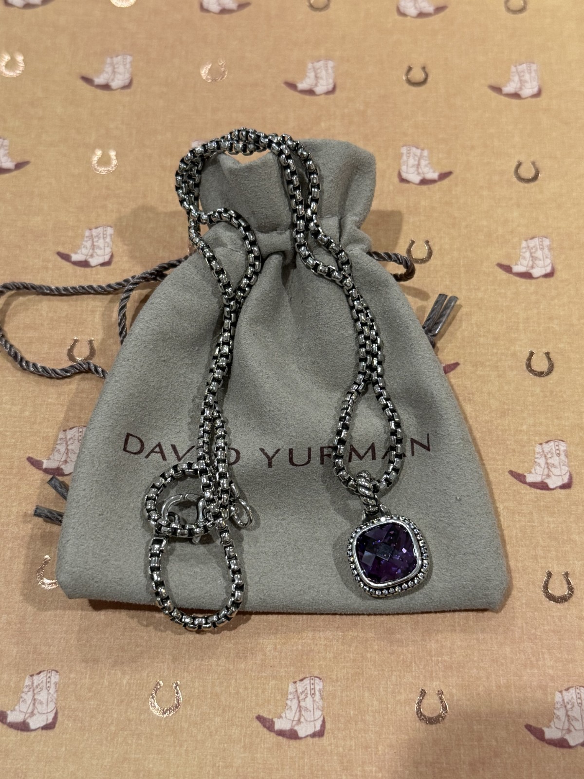 David Yurman Sterling Silver 925 purple Amethyst 14mm Pendant Necklace 20″