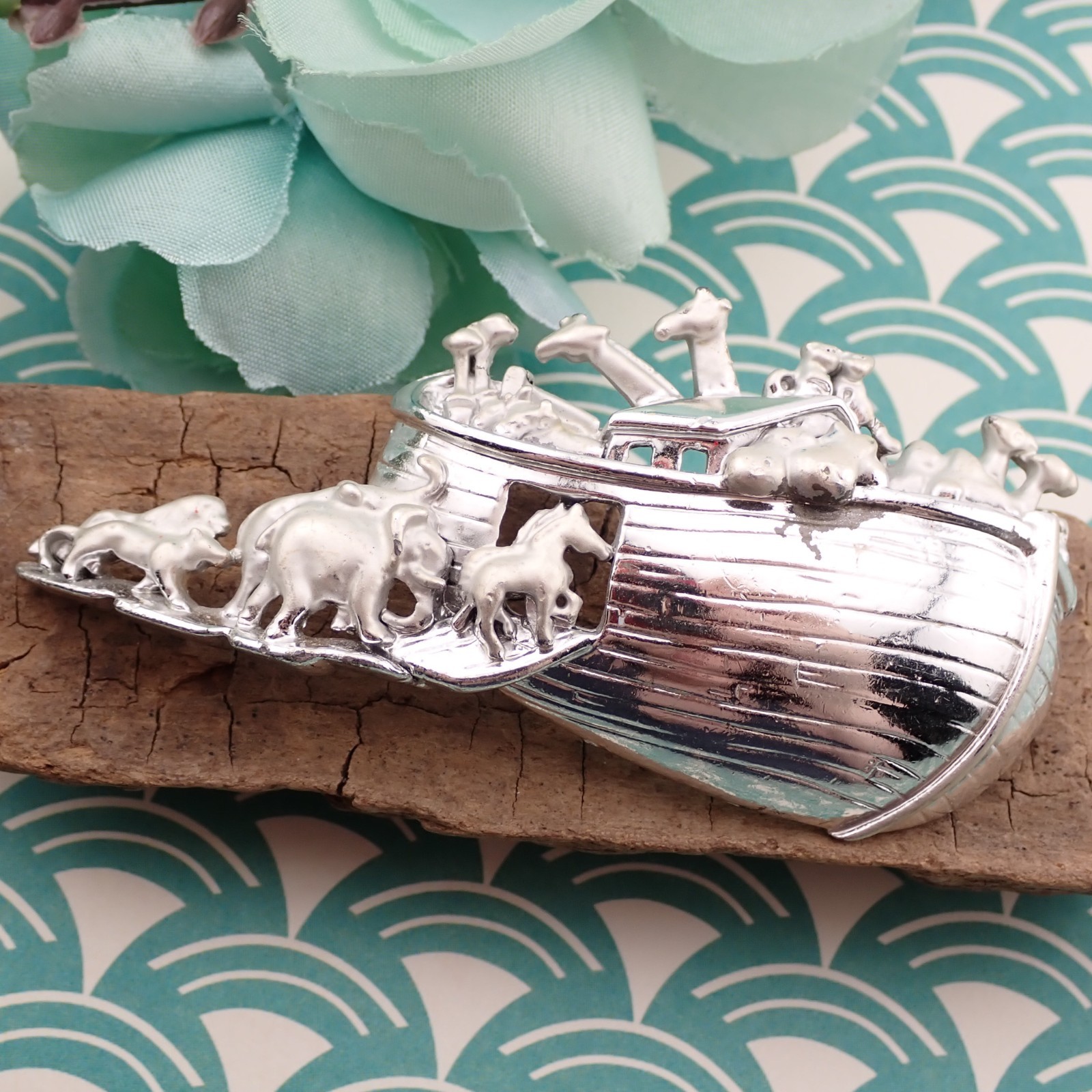 Vintage Silver Tone Noahs Ark Pin Brooch By AJC