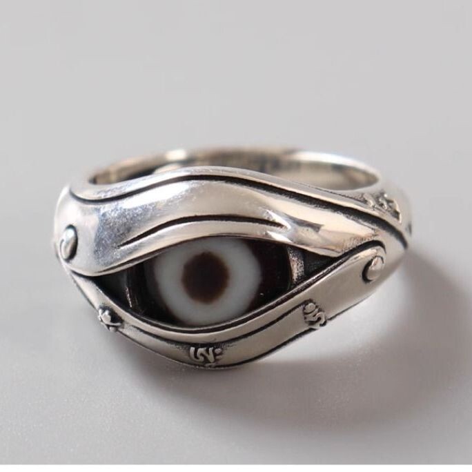 Adjust Ring 925 silver inlaid Dzi bead ring Tibetan Buddha eye Open ring