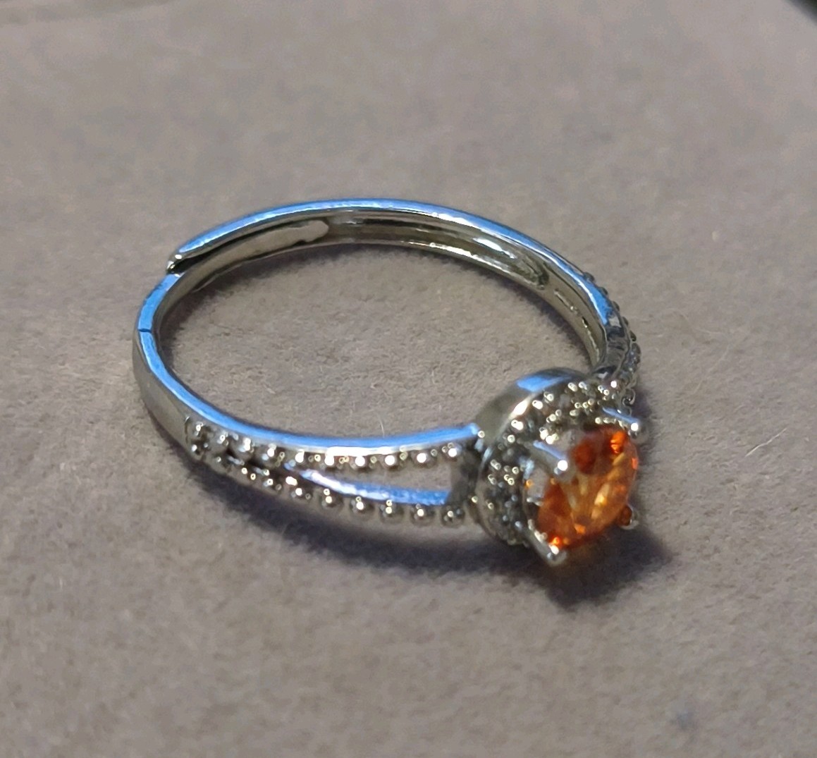 Silver Halo Ring Round Orange Moissanite Stone Adjustable