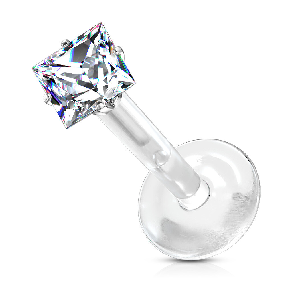 Pair Prong Set Square CZ Bio Flex Push In Ear Cartilage Helix Labret Tragus 16G