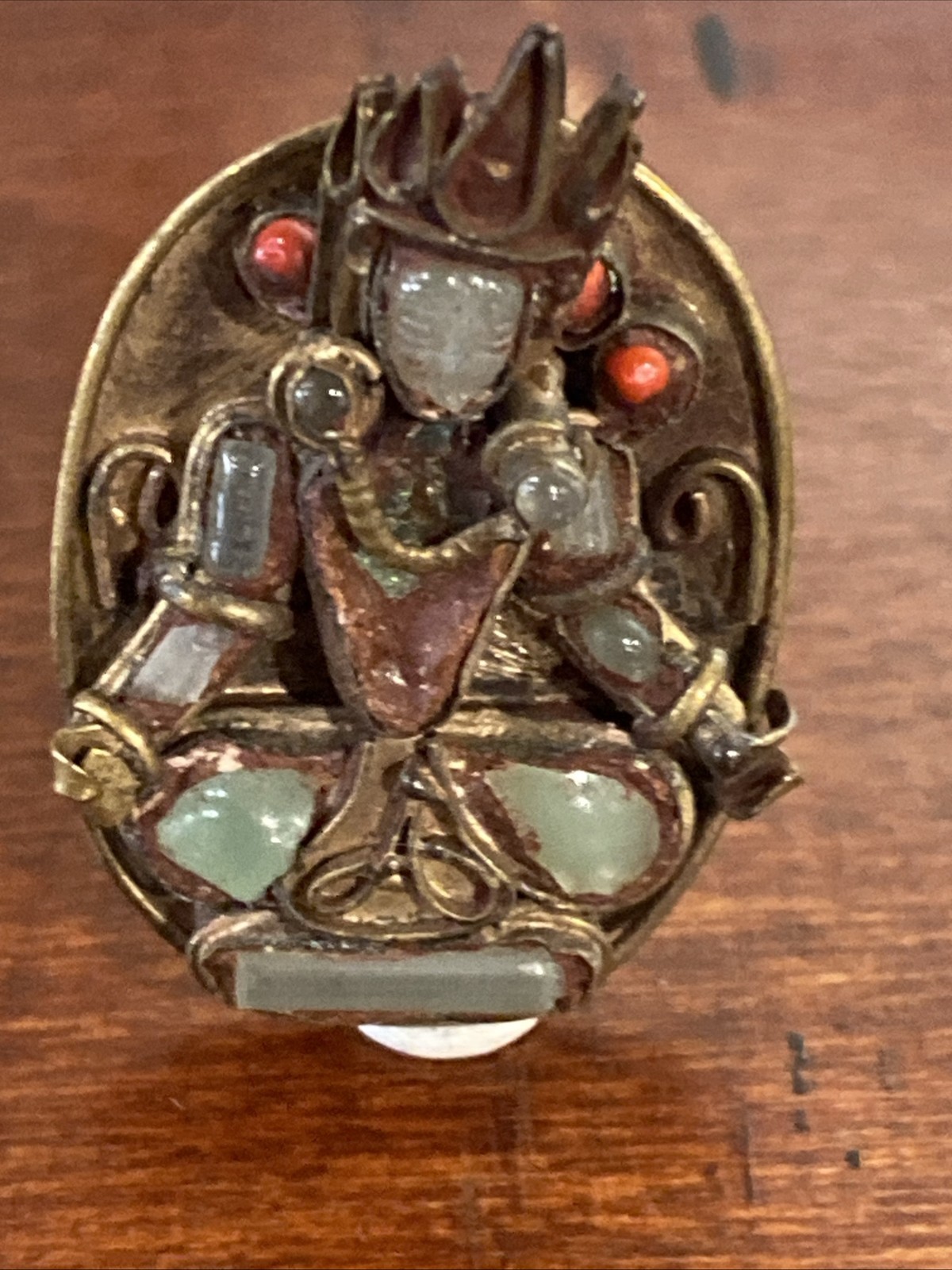 Nepal Carved Face Sitting Deity Cuff links Unisex Glass Figural Brass Artisan