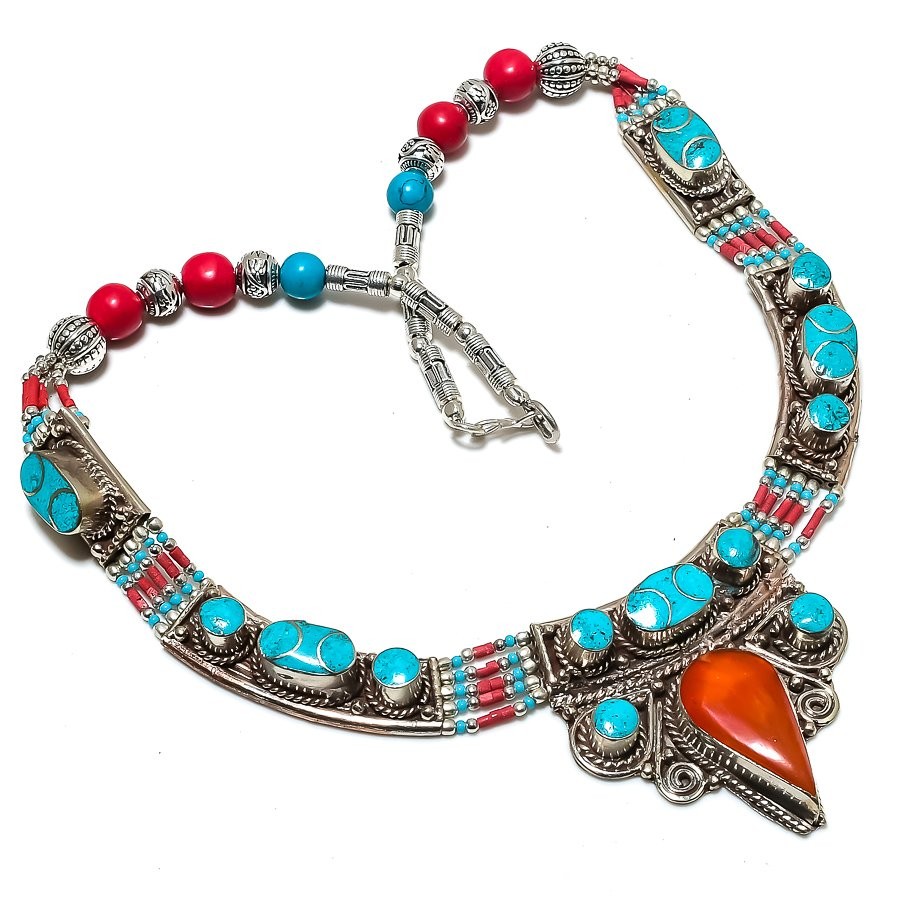 Yellow & Red Coral Turquoise Necklace Amazing Tibetan Nepali Jewelry 18″ NN 7262