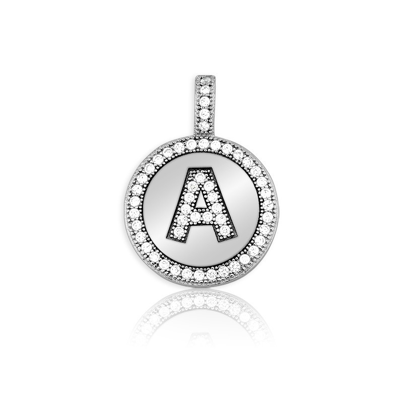 Sterling Silver Sparkling Micro Pave Circle “A” Pendant W/Chain Rhodium Plated