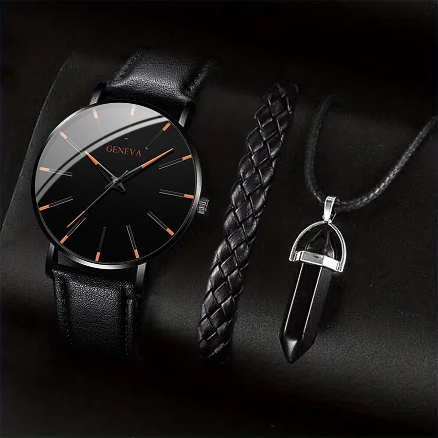 Yolako Men’s Quartz Analog Watch Leather Band Bracelet Necklace Set