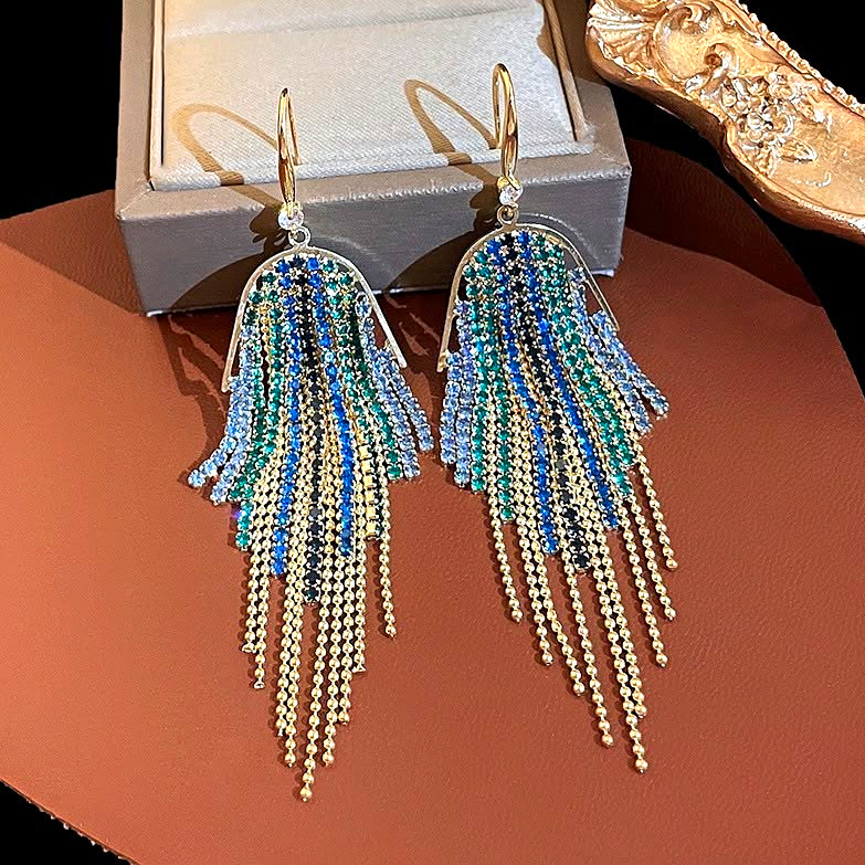 Gold Tone Blue Rhinestone Tassel Fringe Dangle Drop Hook Earrings