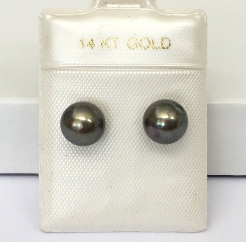Black Cultured Pearl Round 7 – 7.5 mm Solid 14K Yellow Gold Stud Earrings NEW