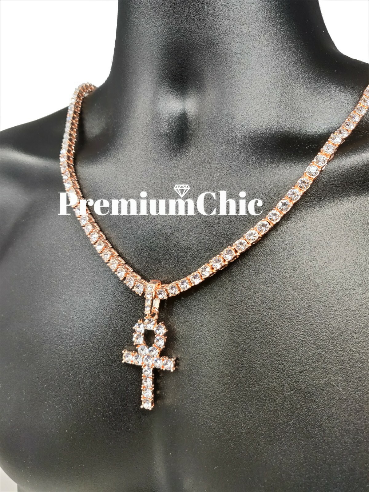 ANKH Cross Pendant with CZ Tennis Chain Hip Hop ICED Necklace Rose Gold Plated