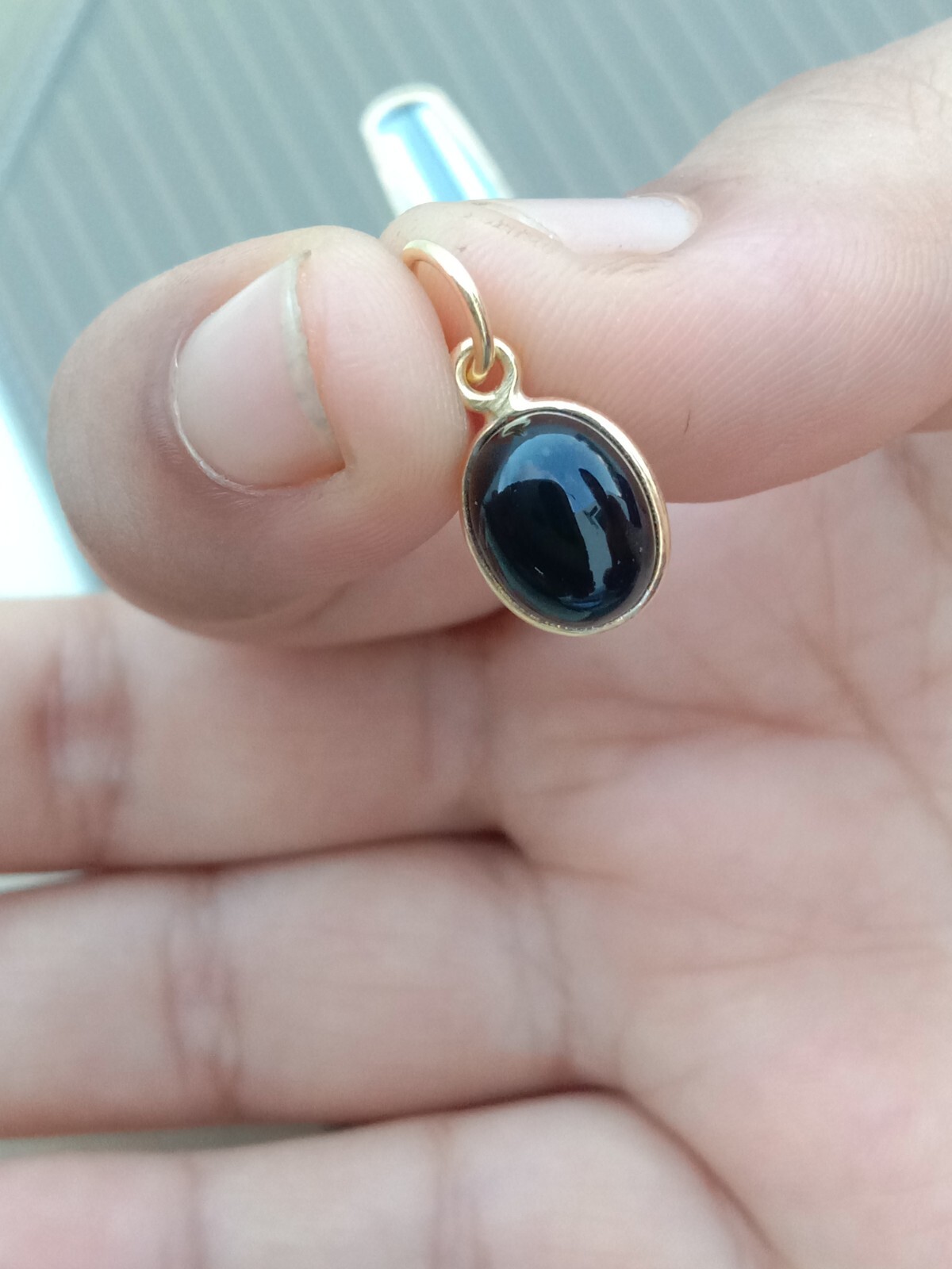 Natural Black Onyx Charm Necklace, 18k Yellow Gold Pendant , Handmade Jewelry