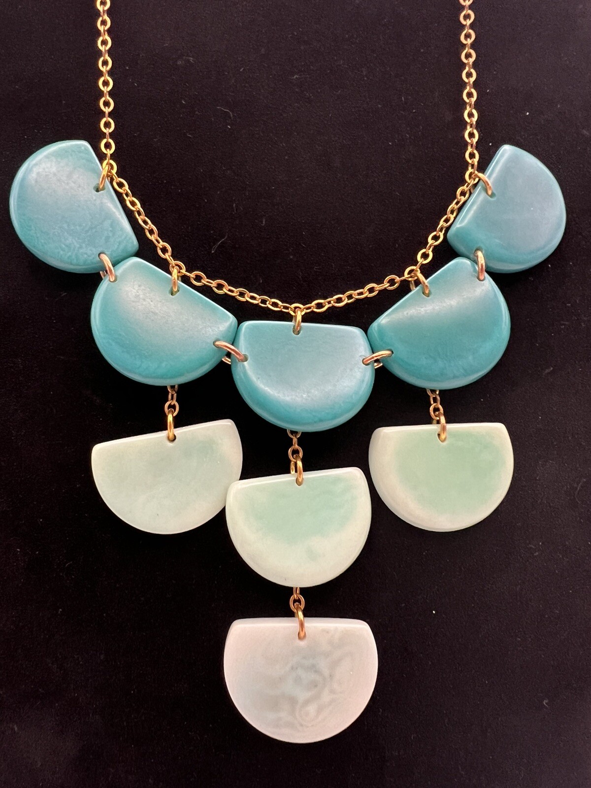 Teal Blue Green Gold Tone Dangle Necklace Fashion Jewelry Acrylic Semicircles
