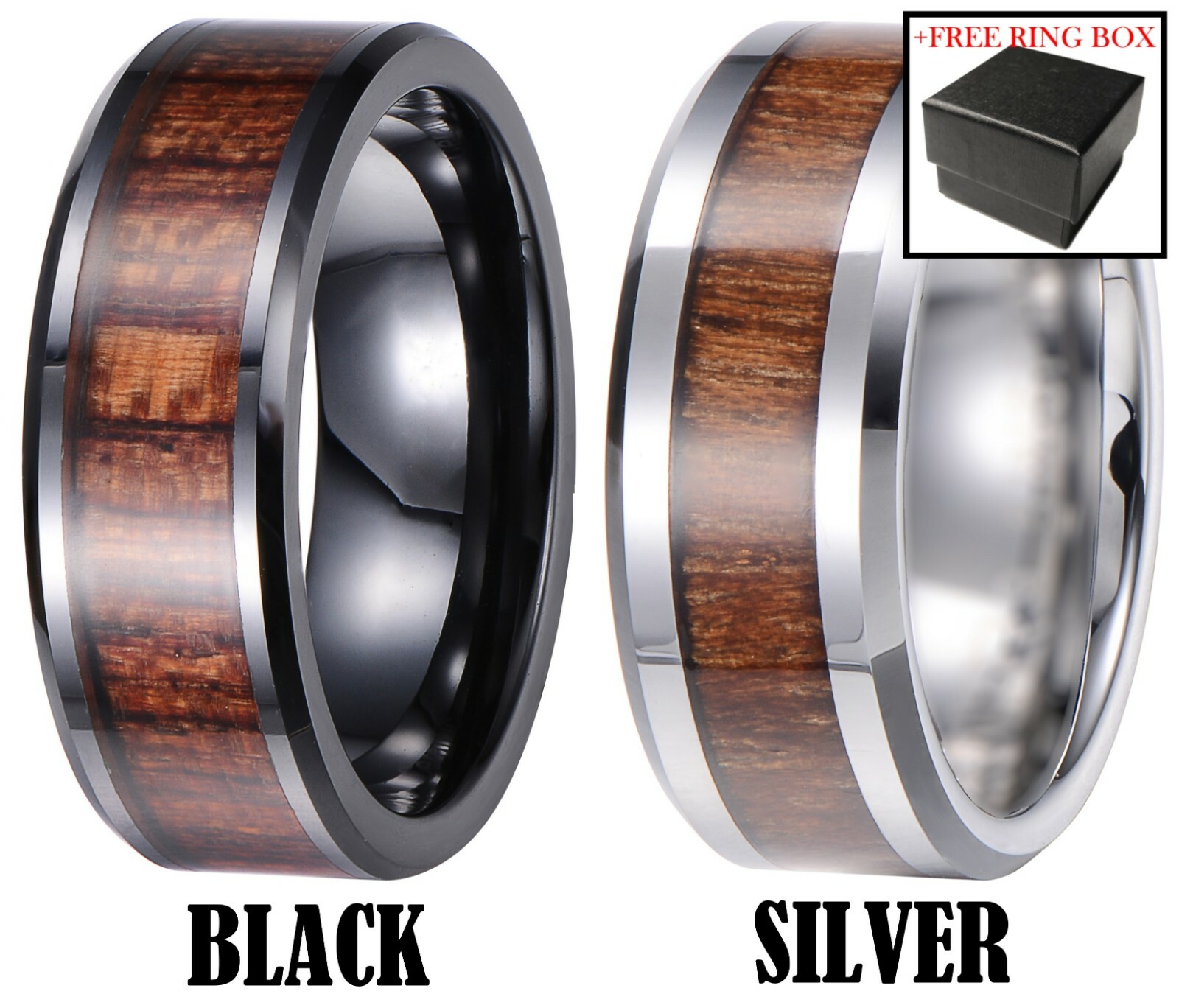 Tungsten Carbide Ring Black Silver Real Koa Wood Inlay Hawaiian Wedding Band