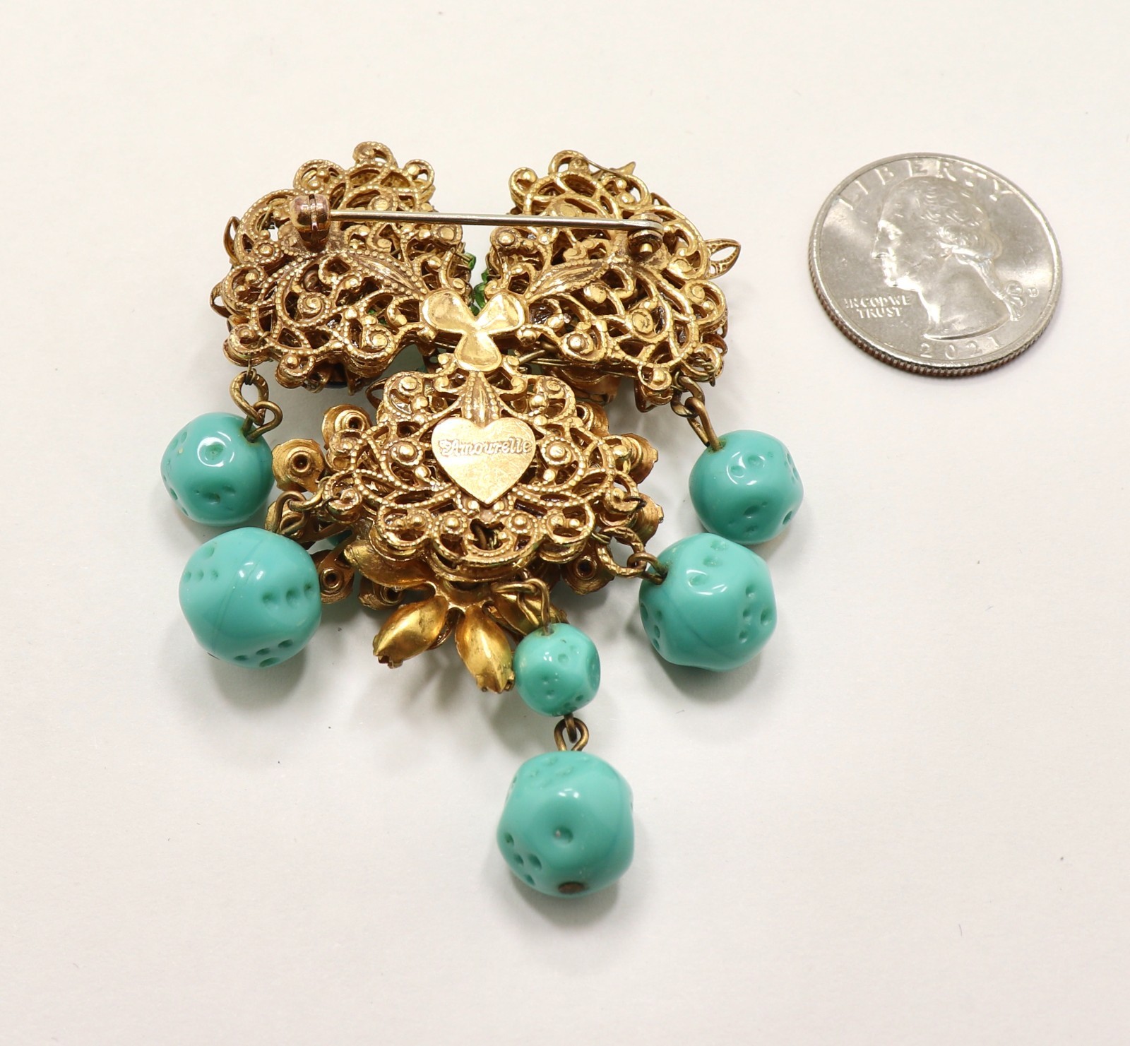 VINTAGE AMOURELLE FRANK HESS FLORAL BEADED DANGLING BROOCH