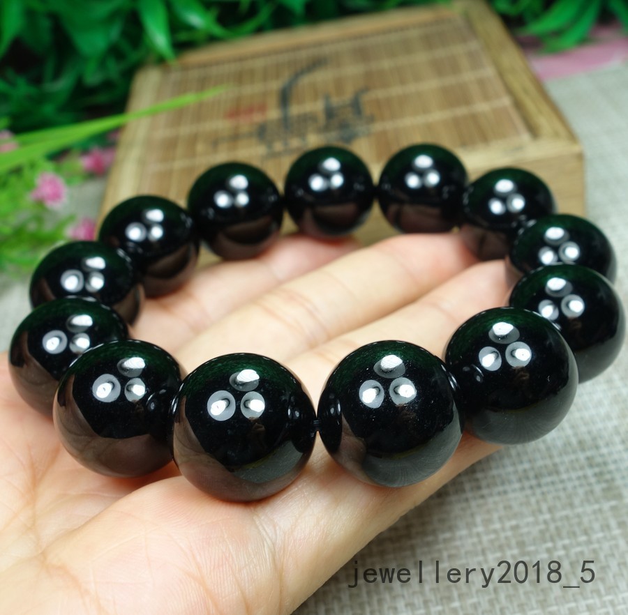 Certified Black Green Burma 100% natural A jadeite jade Bead Bracelets墨翠18mm圆珠手链