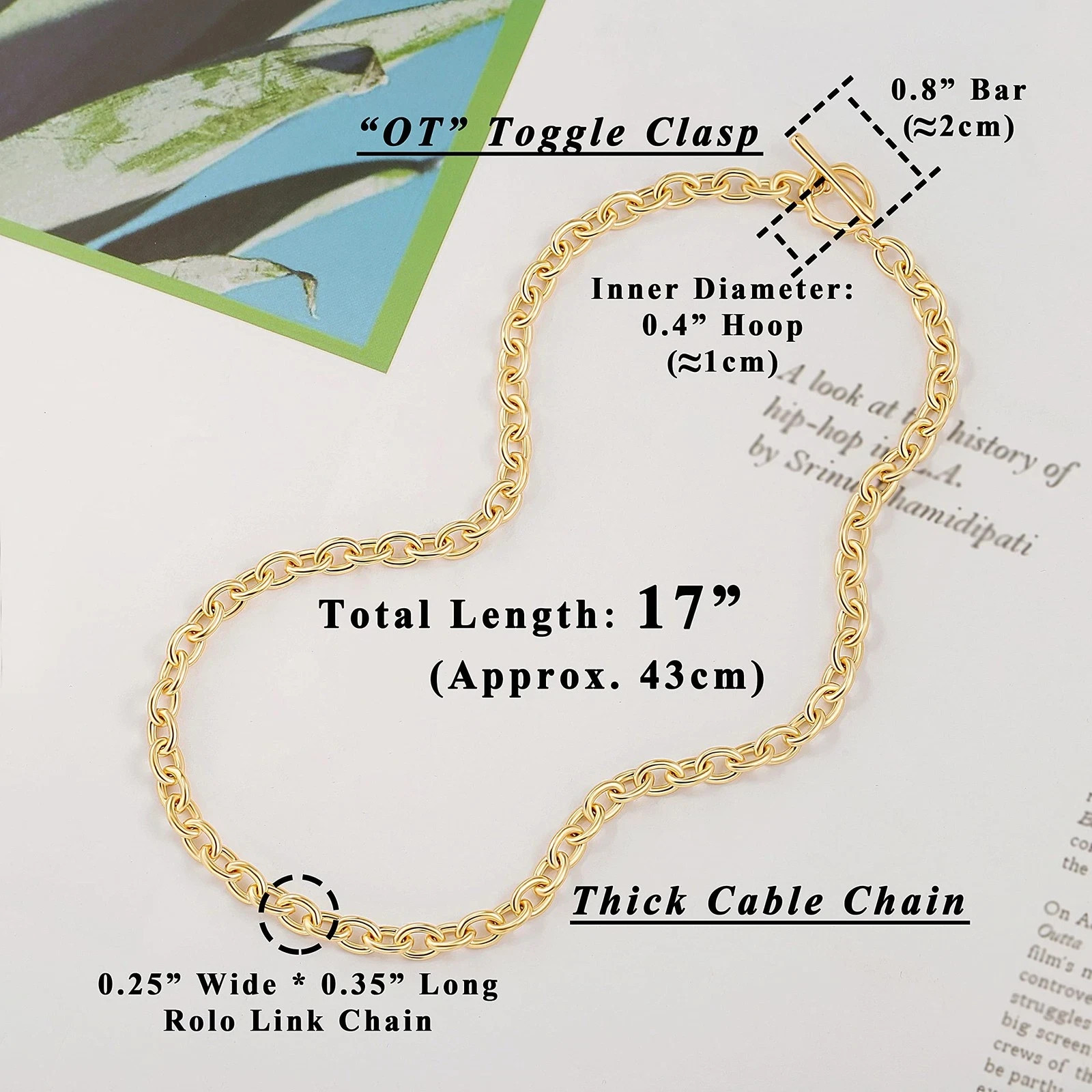 18K Gold Chunky Cable Chain Choker Necklace Open Oval Link Chian Toggle Necklace