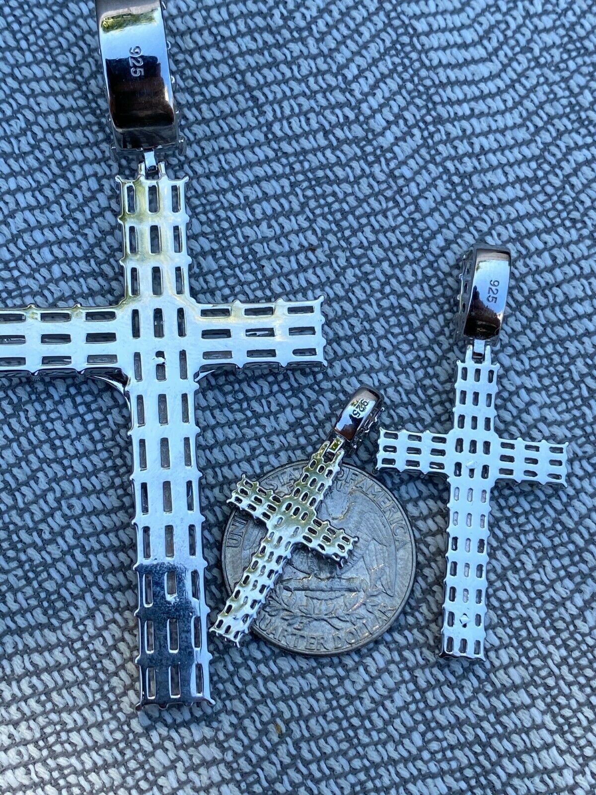 Solid 925 Sterling Silver Cross W. Jesus Pendant Baguette Iced CZ Necklace Big