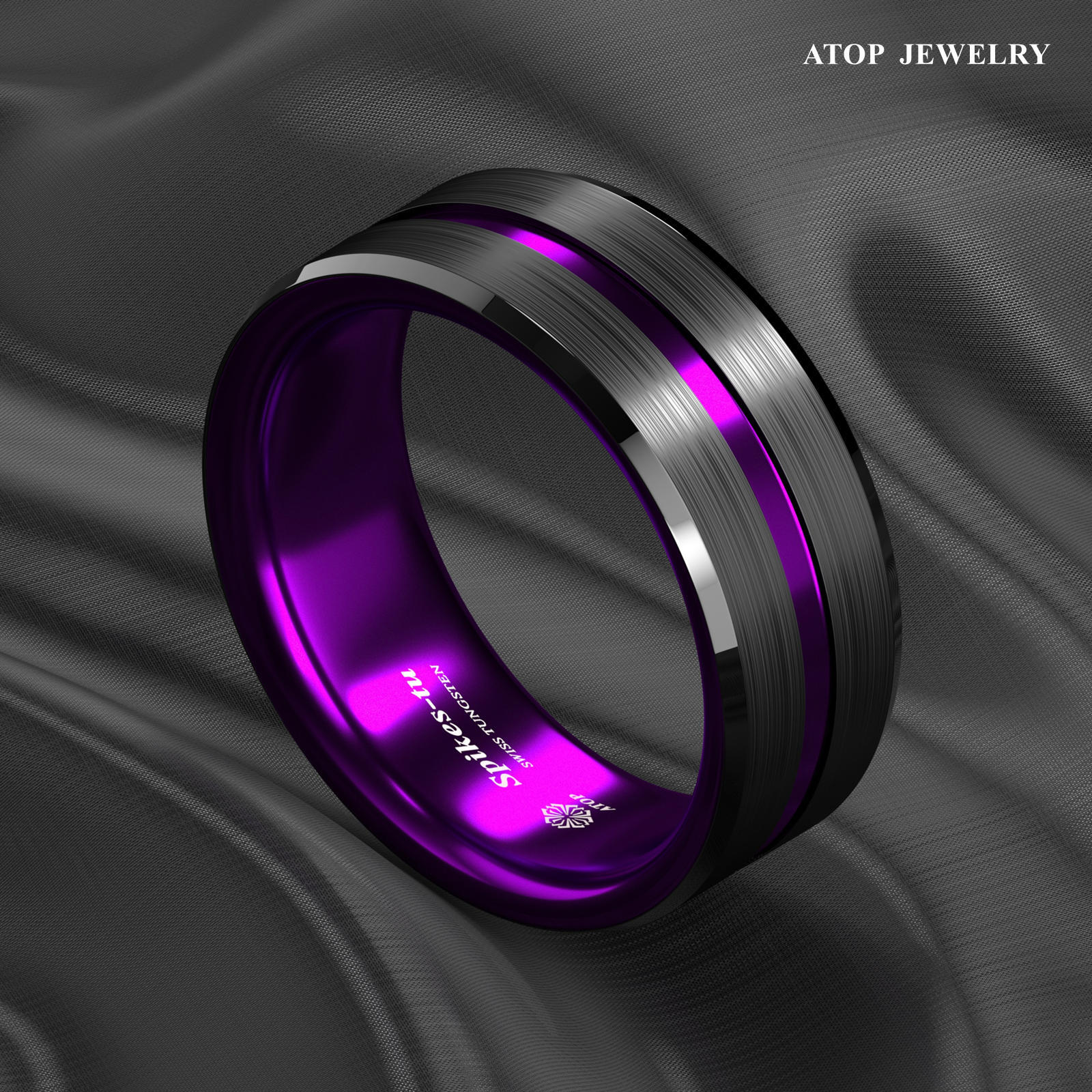 8/6mm Black Tungsten Carbide Thin Purple Line Wedding Band Ring ATOP Men Jewelry