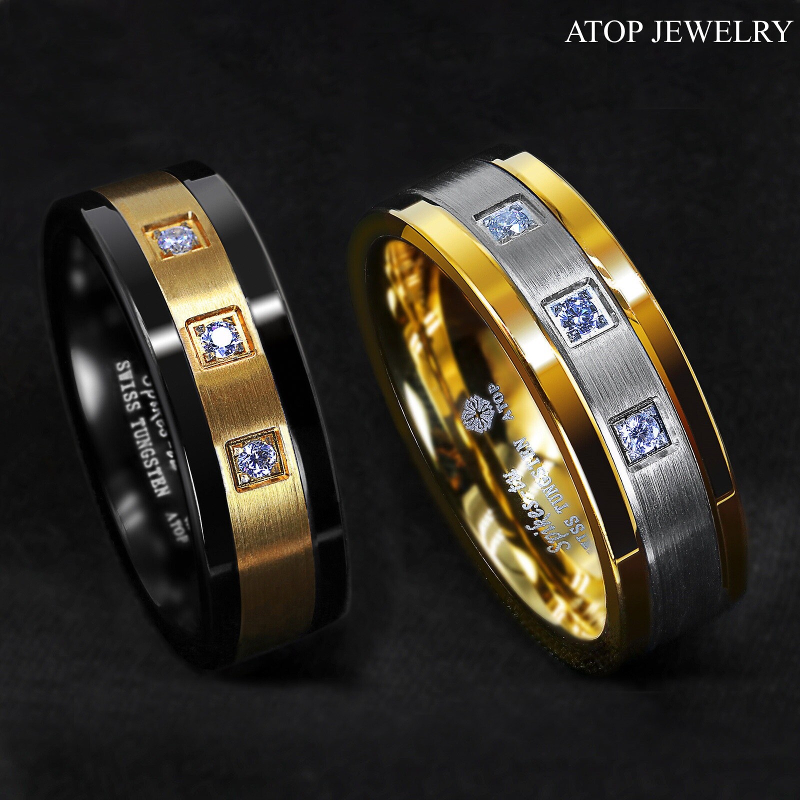 8mm Black/Gold Tungsten Ring Brushed Cubic Zirconia ATOP Men’s Wedding Band