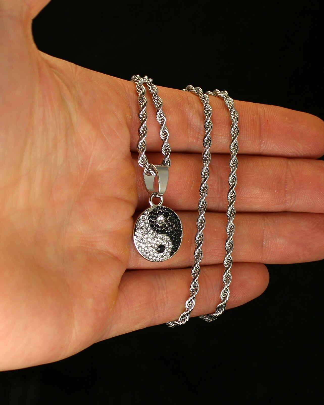 Mini Icy Ying Yang Rhinestone Pendant Silver Plated 24″ Rope Hip Hop Necklace