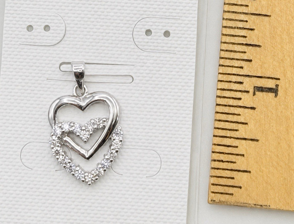 Sterling Silver 925 Double Open Heart CZ Pendant Rhodium Plated NEW