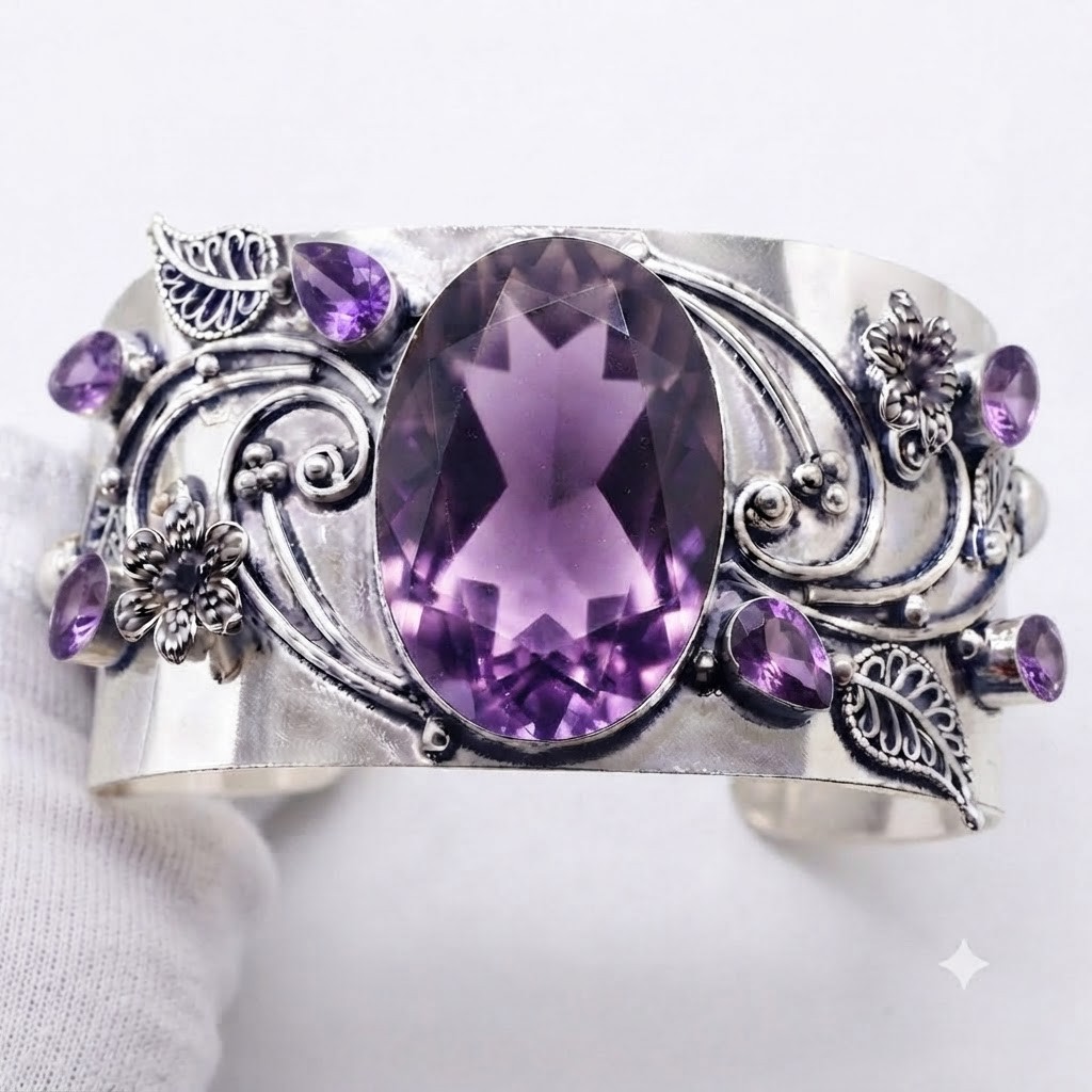 Purple Amethyst Gemstone Cuff Bracelet 925 Sterling Silver Handmade Jewelry ADJ