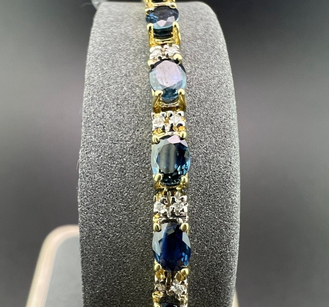 14K Solid Yellow Gold 4.00ct Oval Sapphire and Diamond Alternating Bracelet
