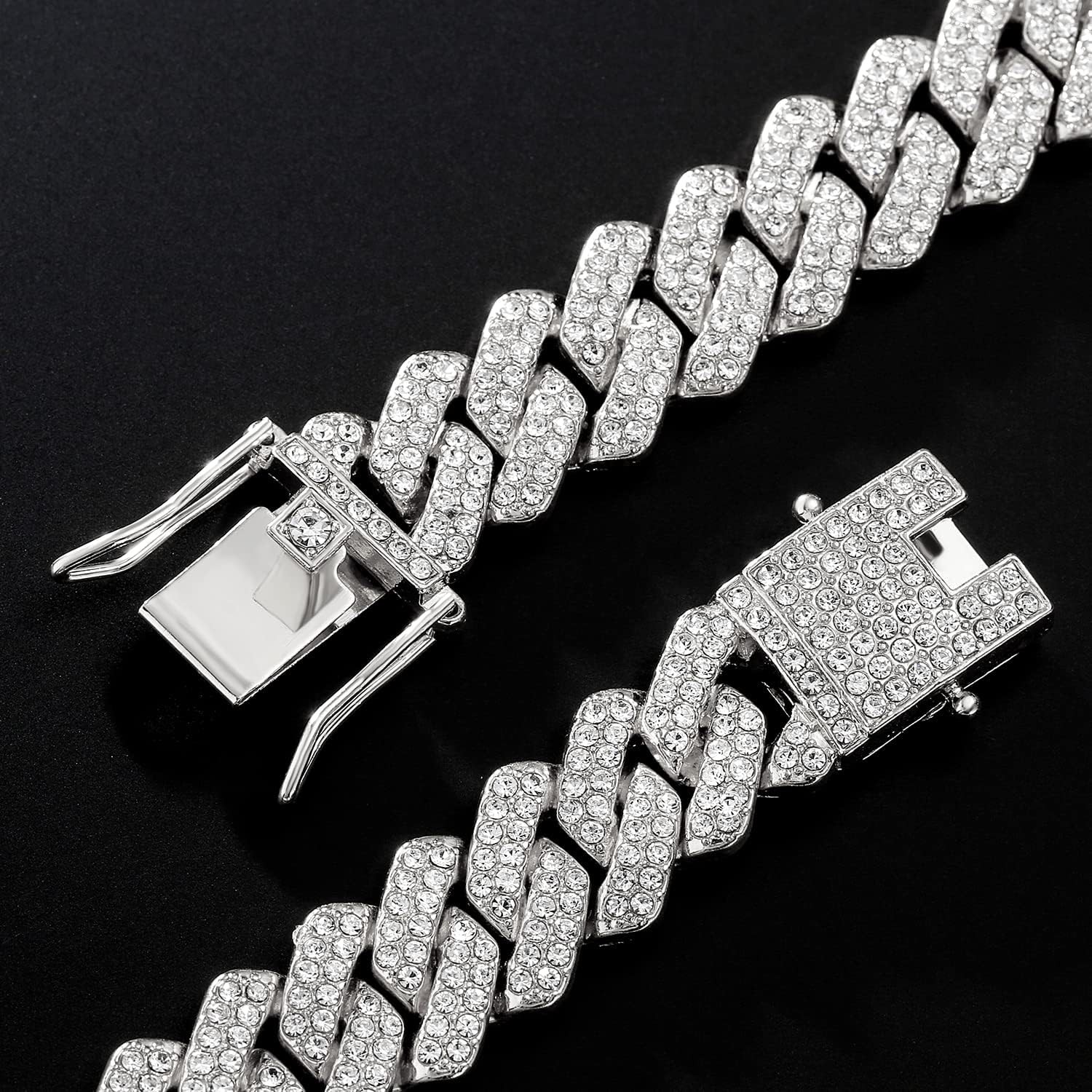 JUNVirtuous Cuban Link Chain Mens Iced Out Miami 18 inch Silver Necklace