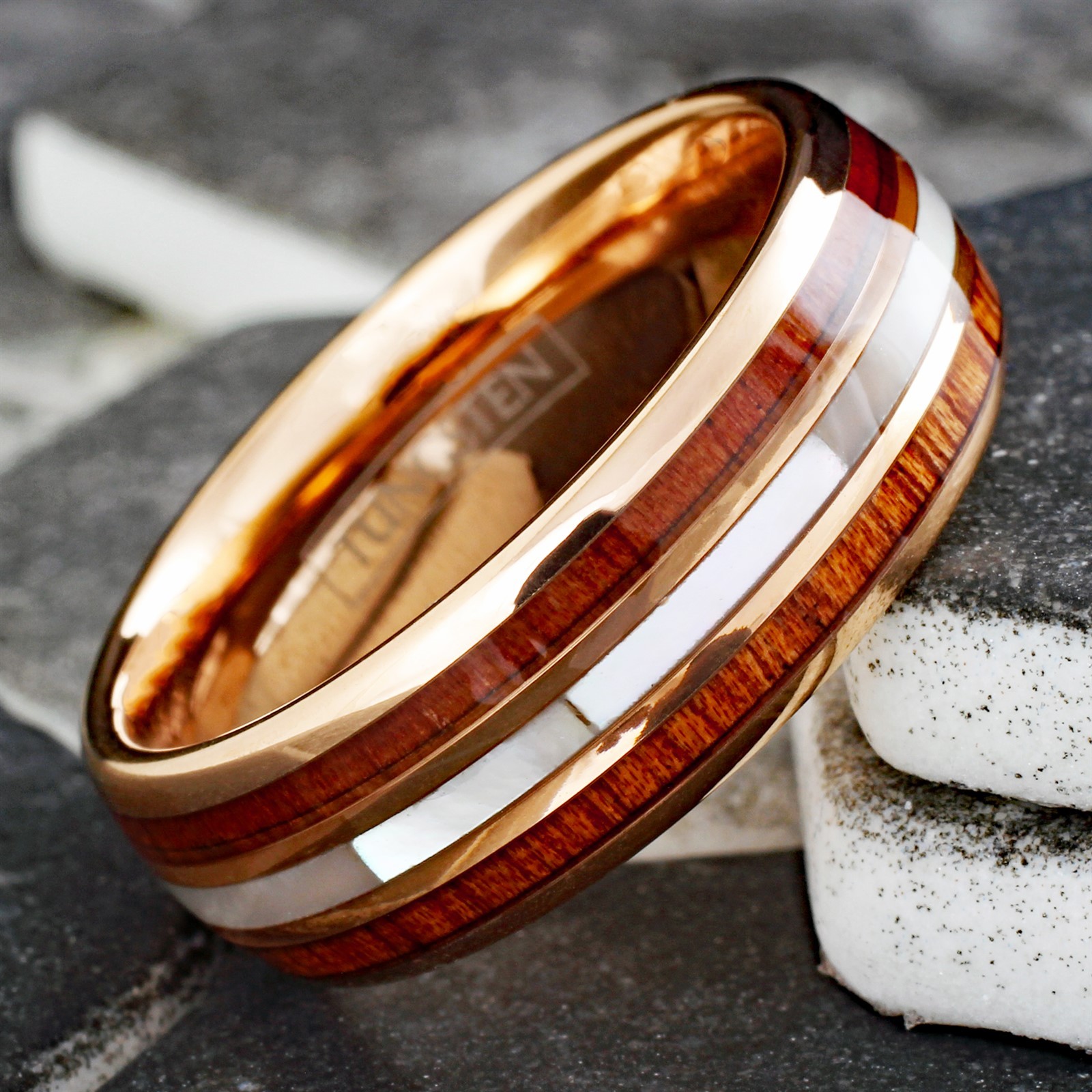 8mm Men’s Rose Gold Plated Tungsten Mother of Pearl & Koa Wood Wedding Band Ring
