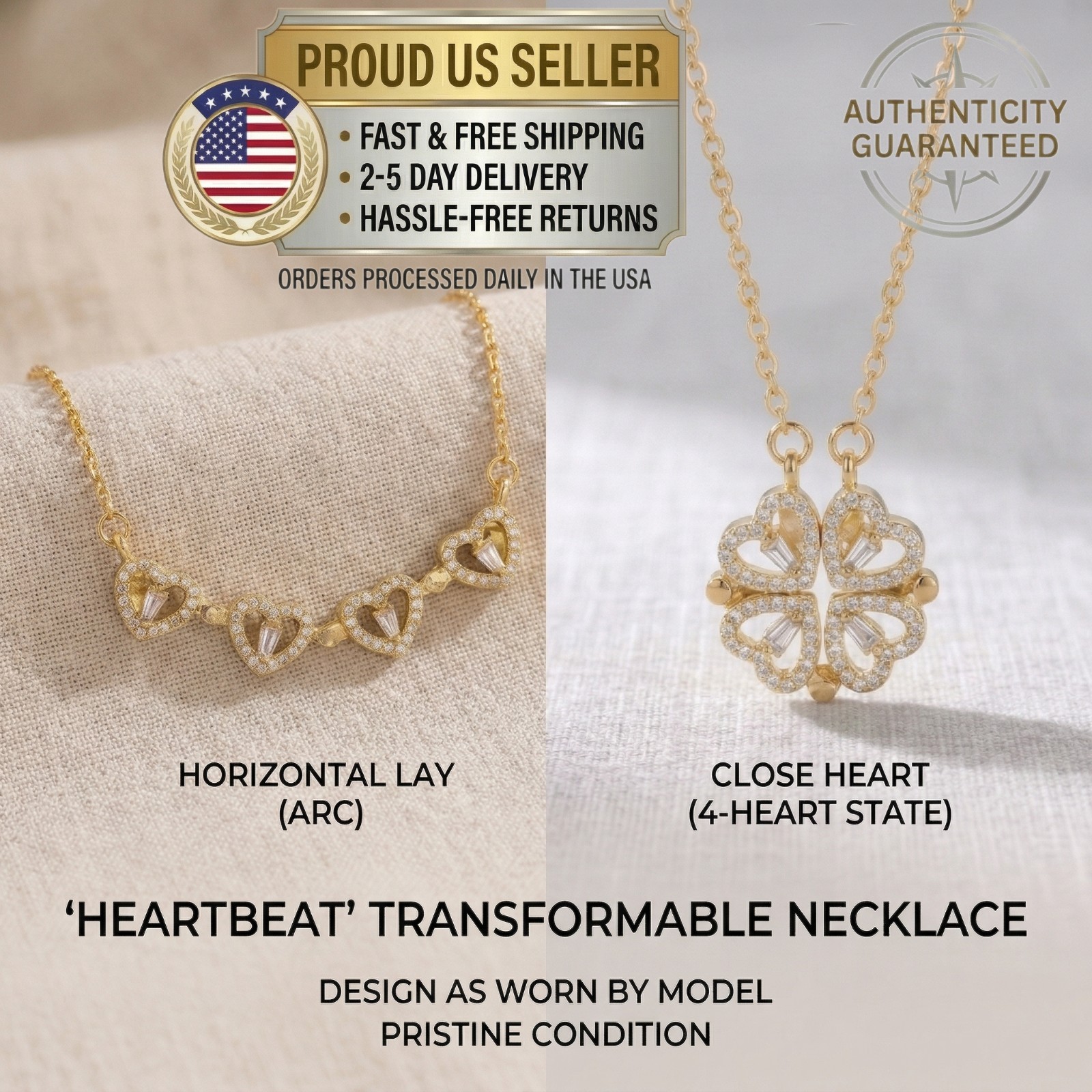 [US STOCK] 2-in-1 Magnetic Four Leaf Clover Heart Necklace Gold Plated Jewelry