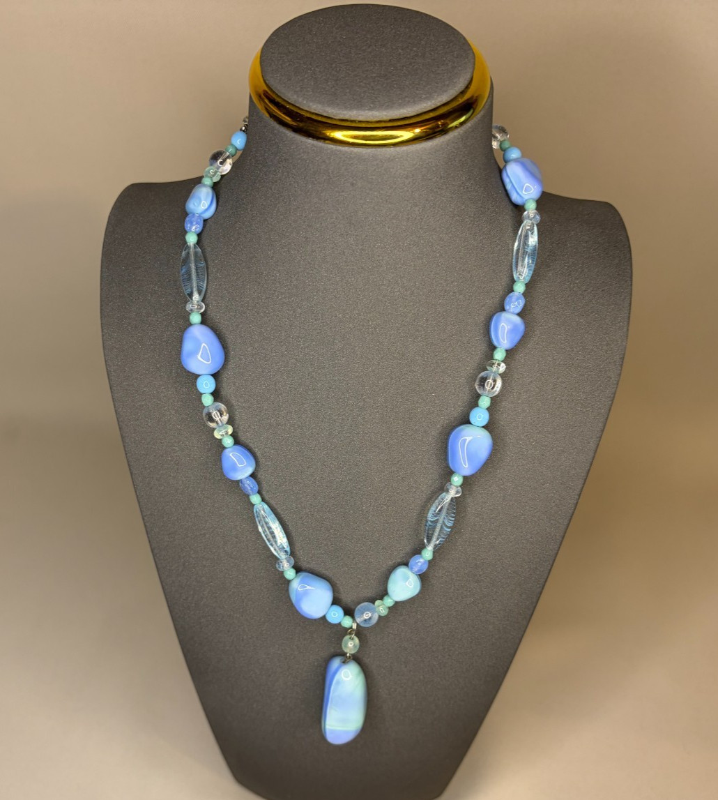 Gold Tone Light Blue Nugget Pendant Drop Necklace Single Strand Extender Chain
