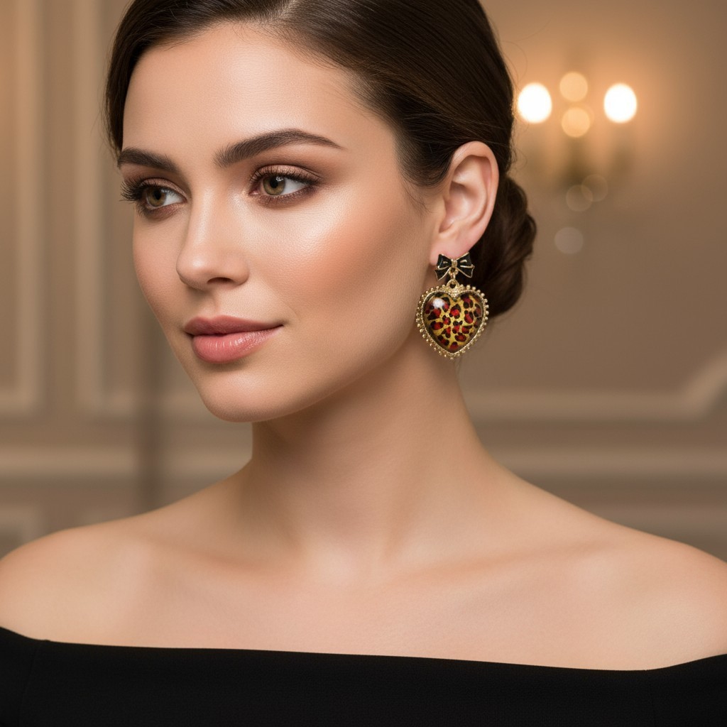 Betsey Johnson Leopard Heart Drop Earrings – Gold-Tone with Bow Accen