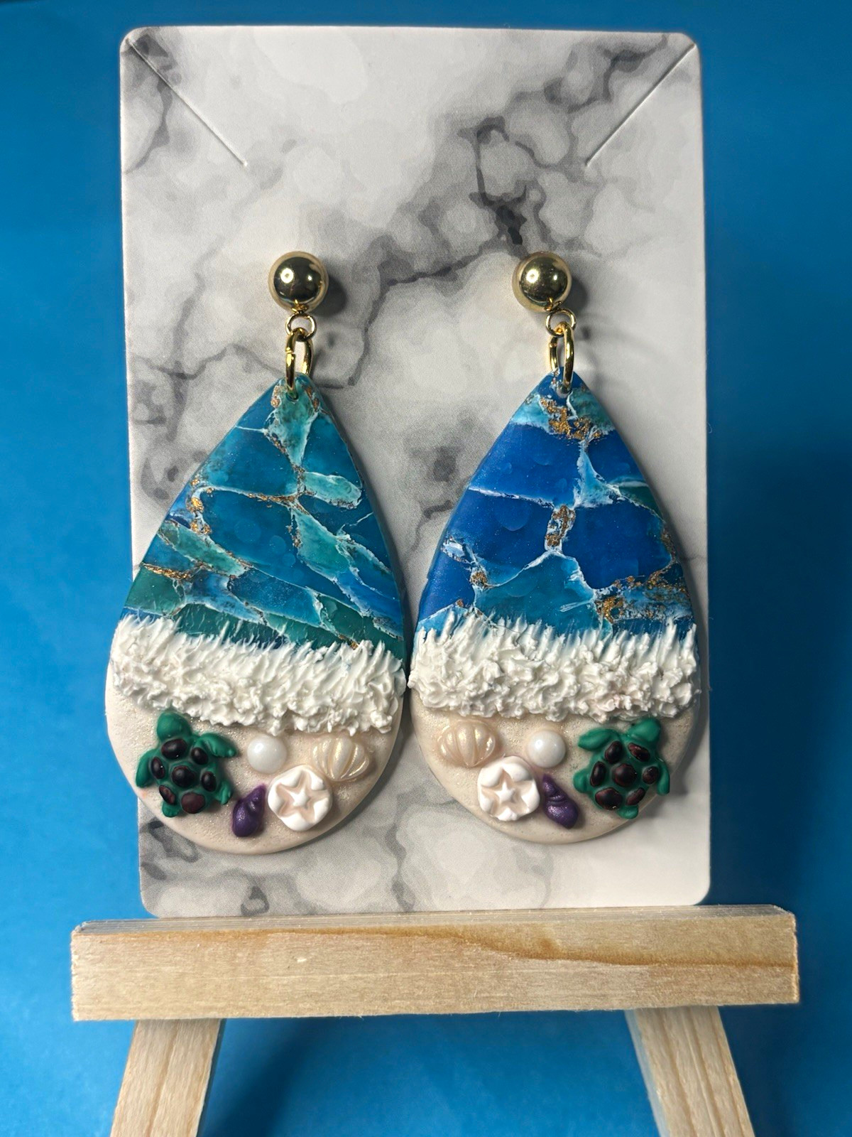 Handcrafted Beach Teardrop Dangle Earrings Polymer Clay Blue Gold Plated