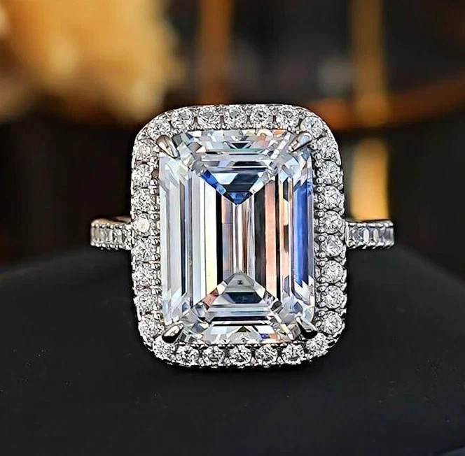 4.10 Ct Emerald Cut White Moissanite Engagement Wedding Ring 925 Sterling Silver