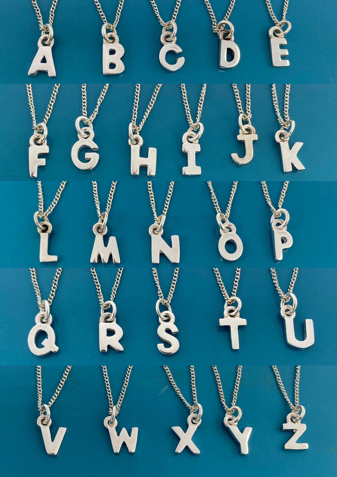 Alphabet Letter Initial Pendant Charms 925 Sterling Silver on Silver Curb Chain