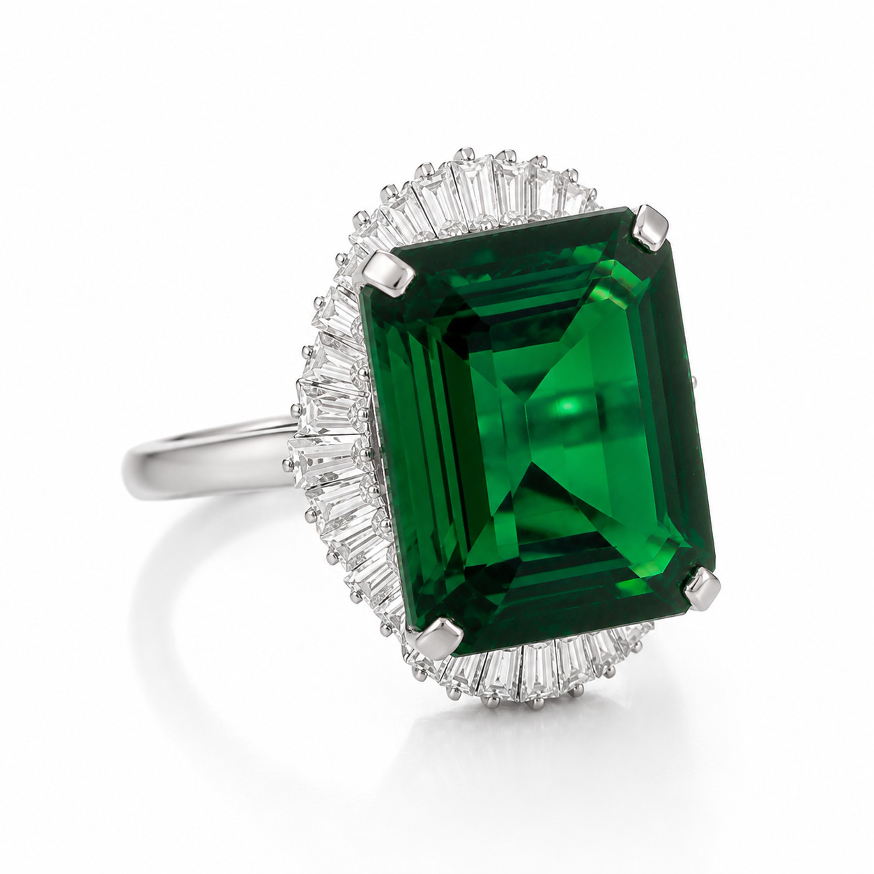 Big Pine Green 13.37CT Emerald & Lab-Created White Diamonds Art deco silver Ring