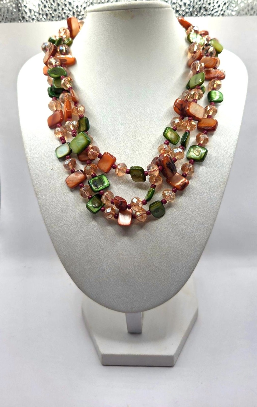 Multicolor Shell & Crystal Beaded Layered Necklace Green & Orange Statement