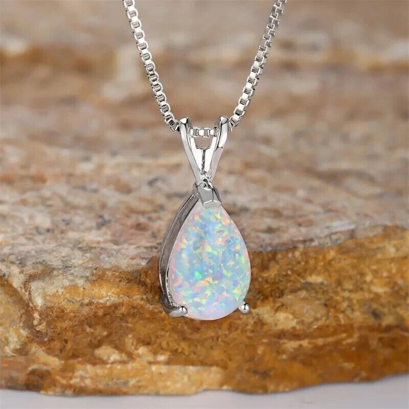 Opal Pendant Sterling Silver – Minimalist Teardrop Fire Opal Dainty Necklace