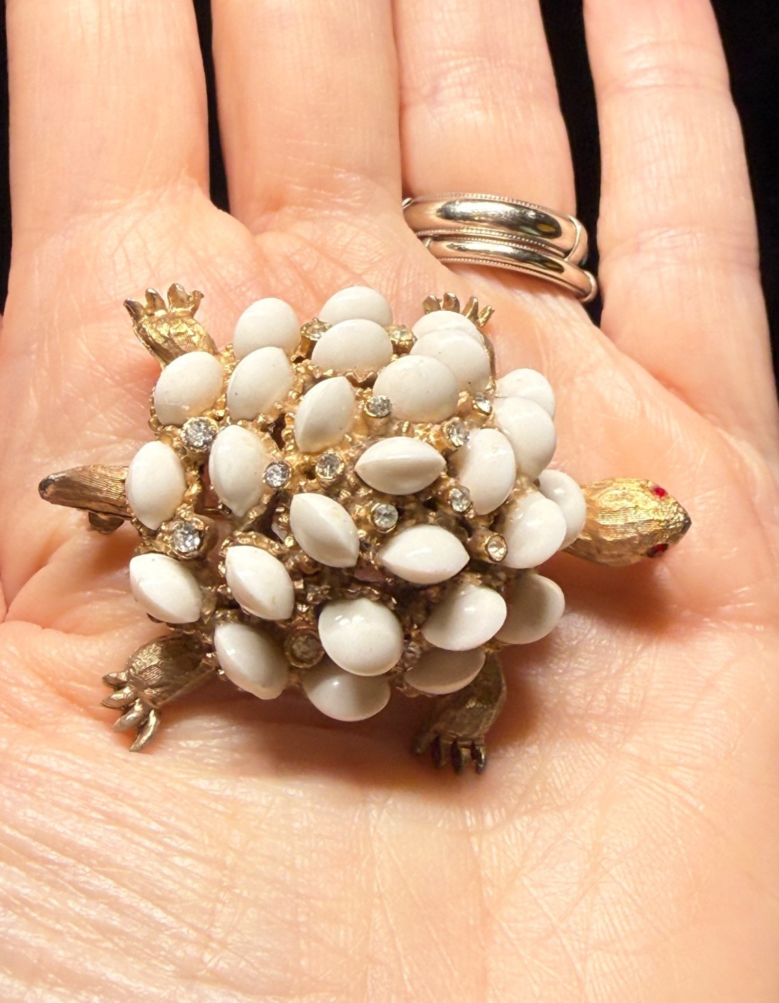 Vintage HAR Turtle brooch Gold Tone White Figural Animal Pin Signed Excellent