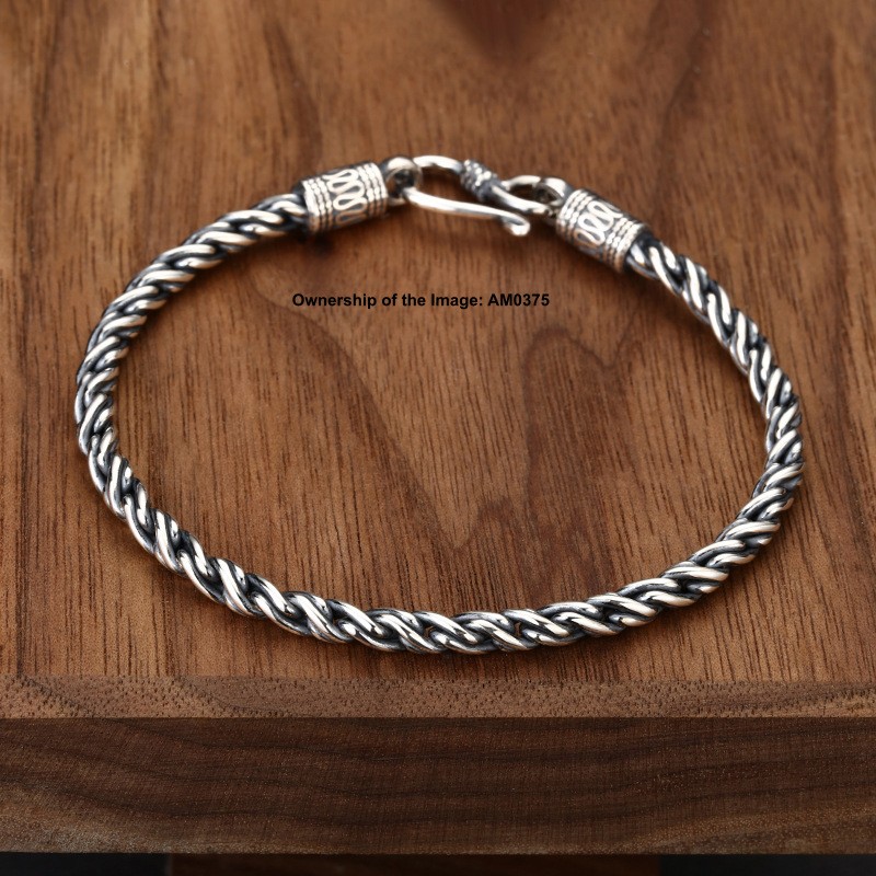 Pure 925 Sterling Silver 4mm Round Rope Link Bracelet Vintage Style 7.9inch