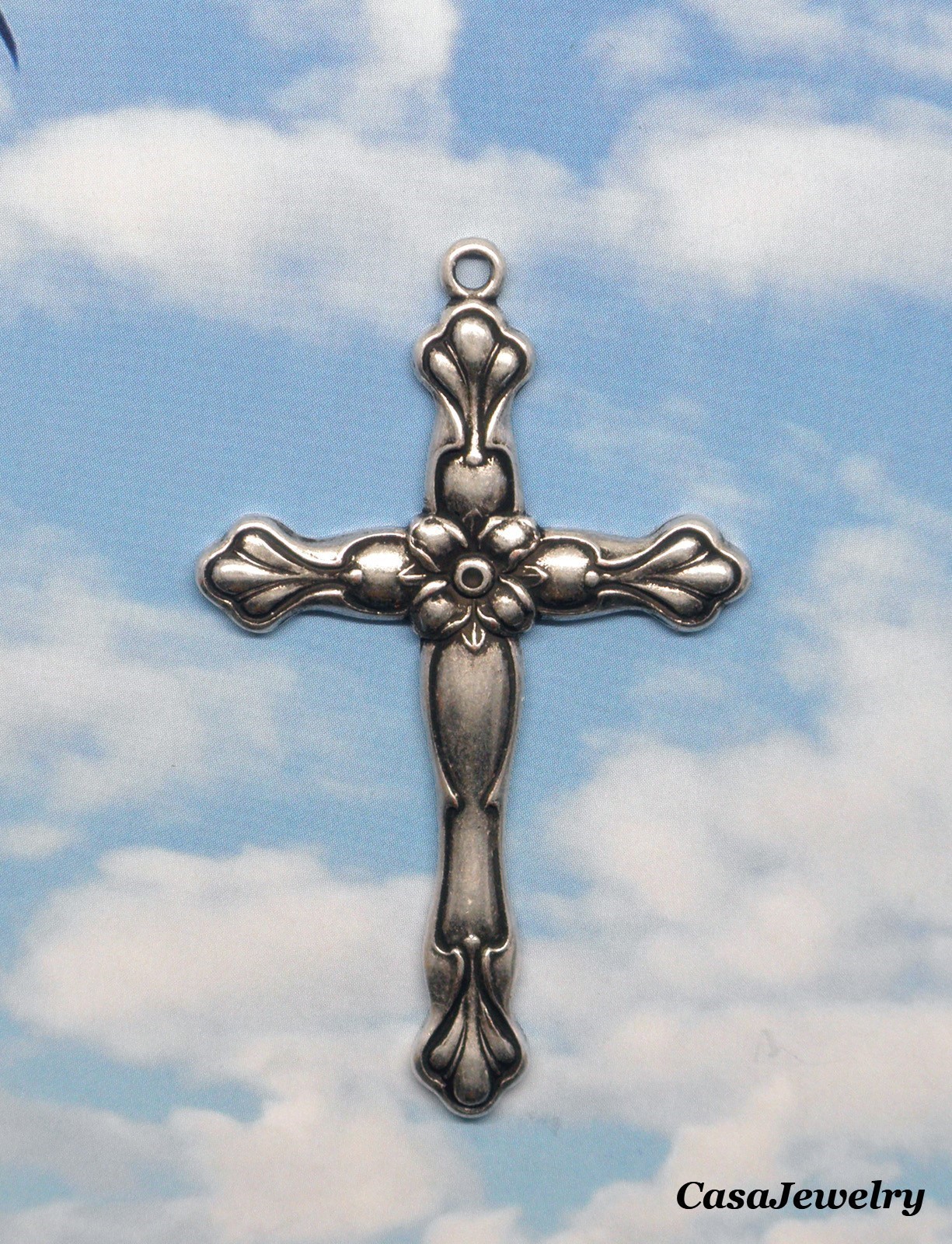 #1121 ANTIQUED .925 STERLING SILVER PLATED DIE STRUCK CROSS W/TOP HANG RING