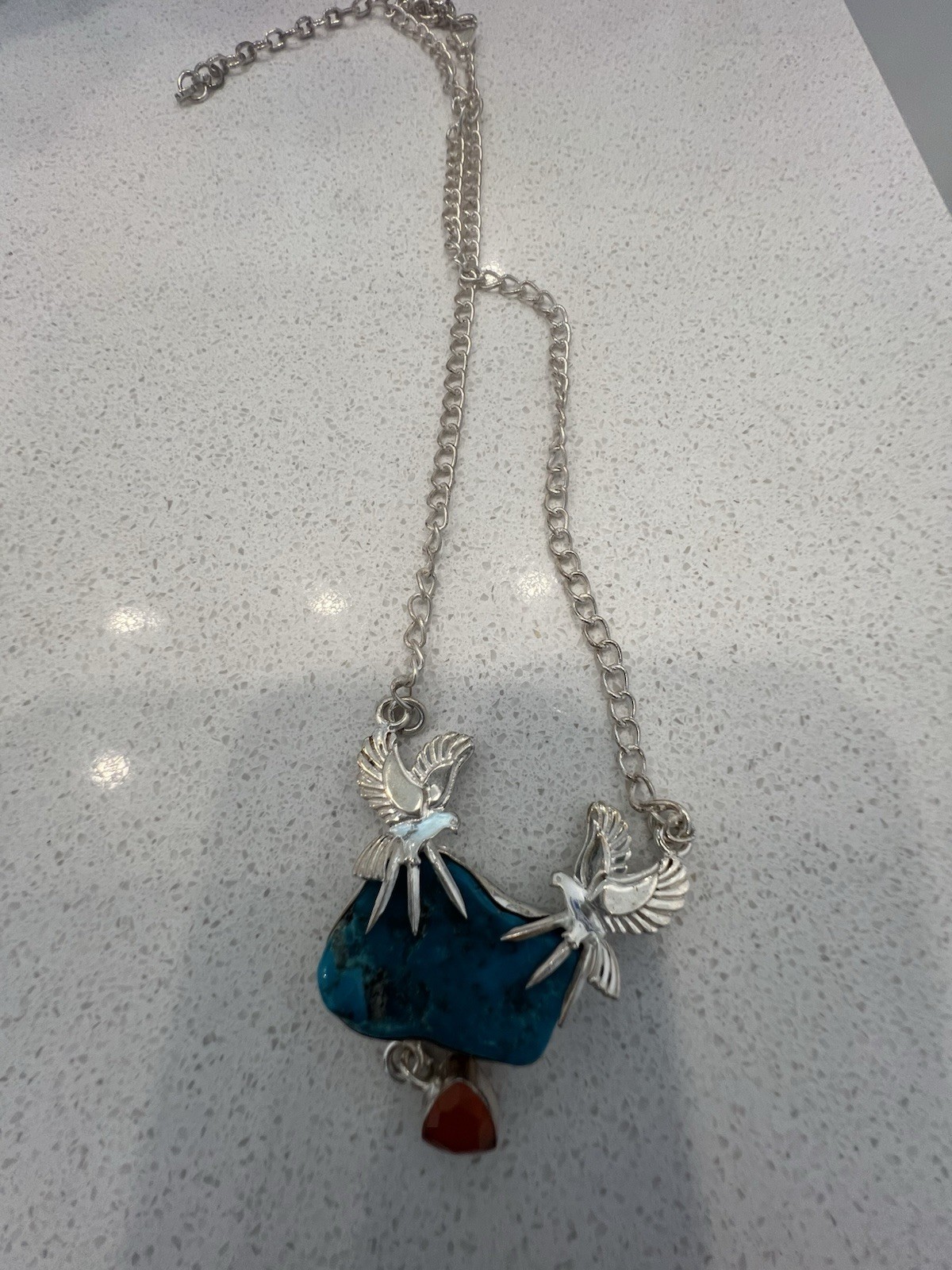Sterling Silver Chain Necklace Bird Pendant Turquoise Stone Red Charm