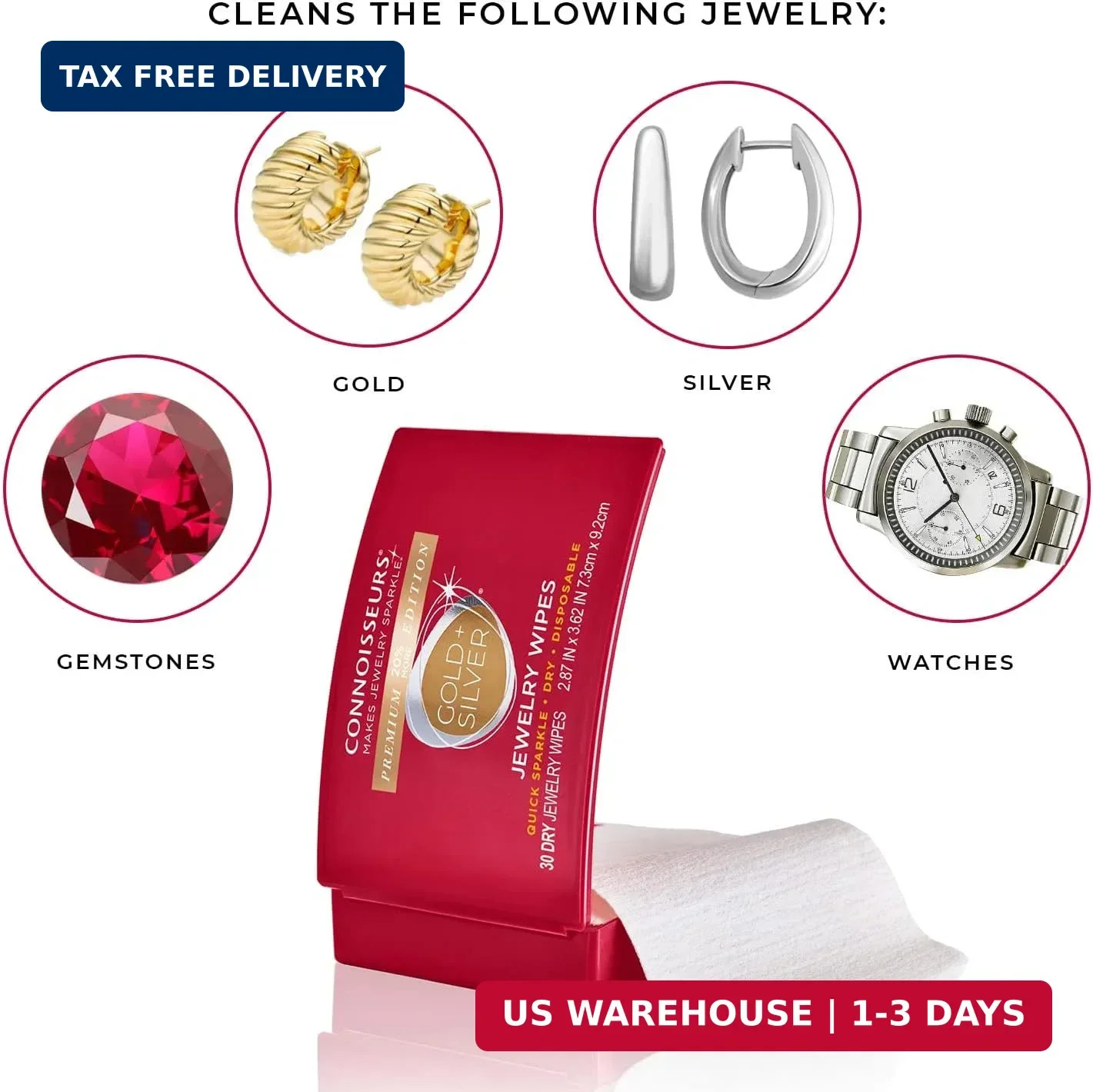 CONNOISSEURS Premium Edition Compact Jewelry Wipes No Rinse Gold and Silver Jewe