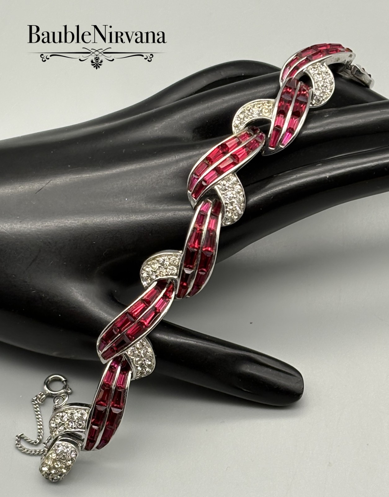 Vintage Boucher Cross Over Link Bracelet Red Baguettes&Clear Crystal Stones
