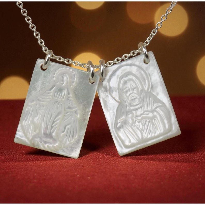 Scapular Christian Necklace, Virgin Mary Mother of Pearl Scapular Necklace